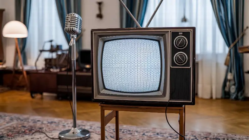 Ancien téléviseur à tube et micro sur pied dans un salon aux rideaux bleus