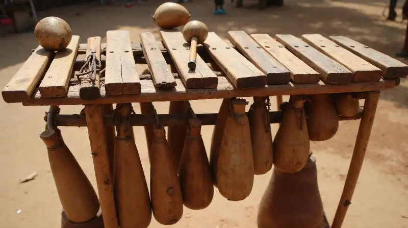 Balafon à lames de bois et calebasses posé en plein air, deux baguettes sur les lames
