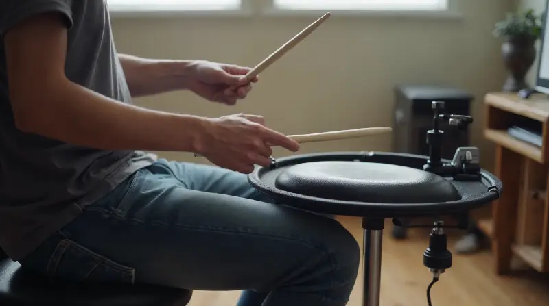 Batteur assis jouant sur un pad d'entraînement noir monté sur un pied, une baguette dans chaque main