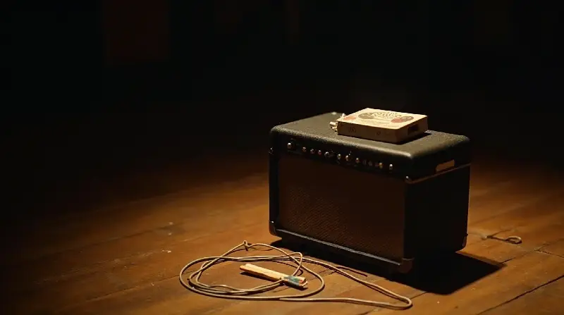 Boîte d'allumettes posée sur un petit ampli à lampes, un câble de guitare sur le plancher, dans la pénombre