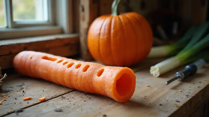 Carotte évidée et percée comme une flûte, posée sur un établi près d’une courge et de poireaux