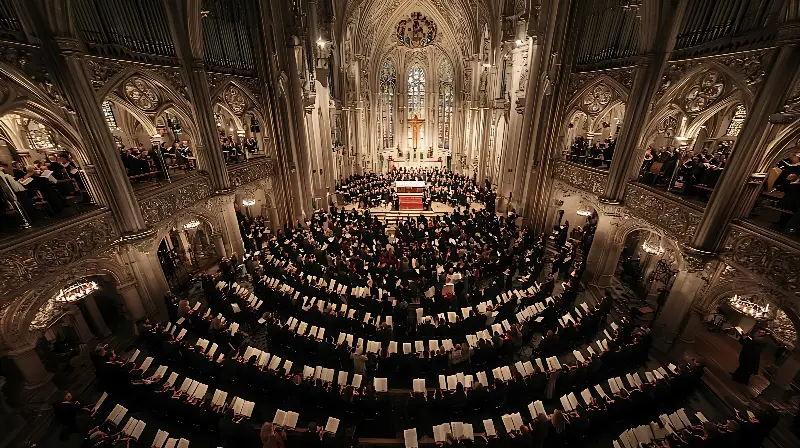 Chœur et orchestre en concert dans la nef d'une église