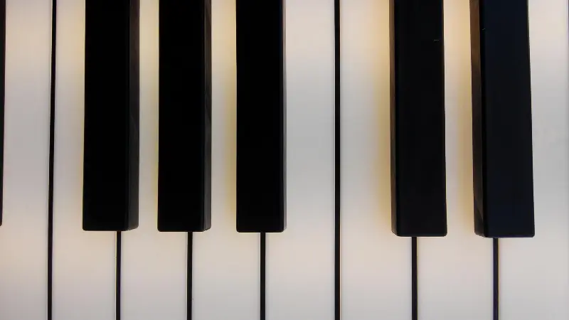 Gros plan de touches de piano : un groupe de trois touches noires, puis un groupe de deux