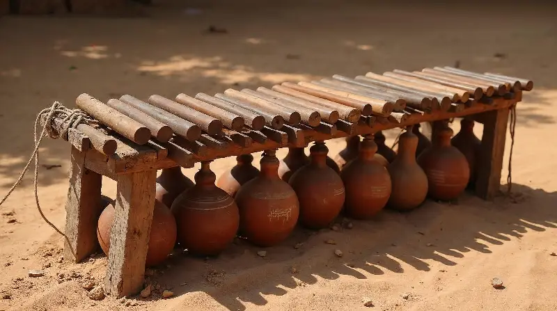 Balafon posé sur le sable, des calebasses de tailles différentes rangées sous les lames de bois