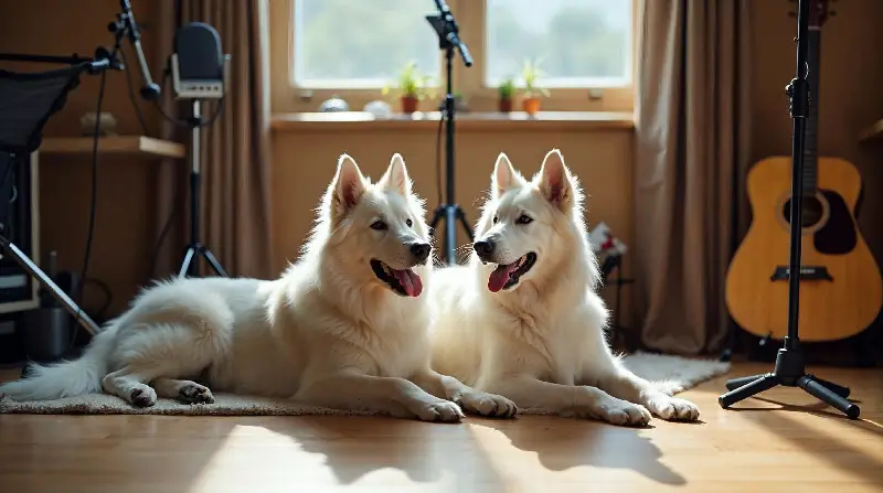 Deux bergers blancs suisses couchés sur le parquet d'un petit studio, près d'un micro sur pied et d'une guitare
