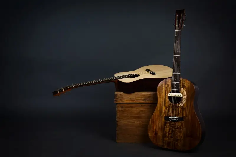 Deux guitares folk à cordes acier contre une caisse en bois, l'une équipée d'un micro dans la rosace