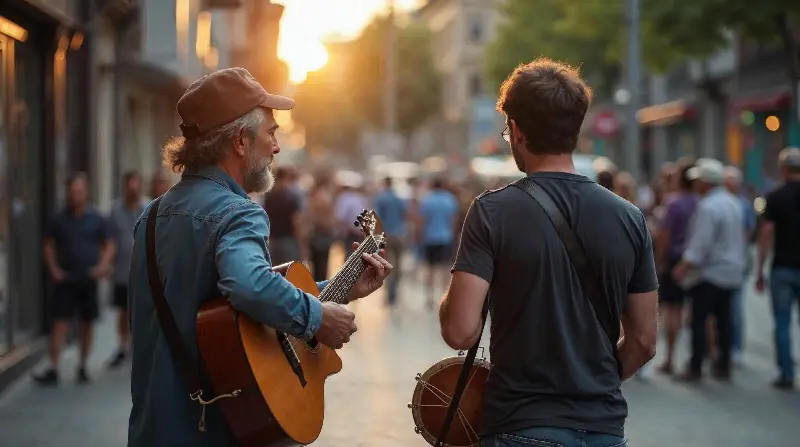 Deux musiciens vus de dos jouent de la guitare et des percussions sur un trottoir, entourés de passants