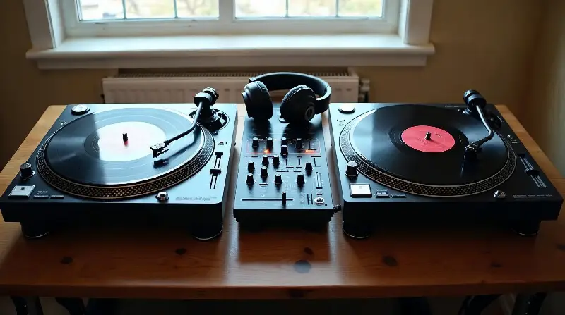 Deux platines vinyles de DJ de part et d'autre d'une petite table de mixage, un casque posé dessus
