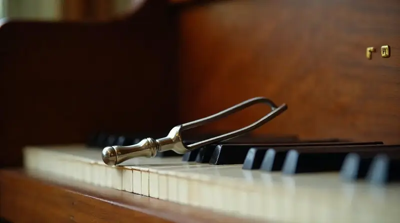 Diapason en acier posé sur les touches d'un piano ancien en bois
