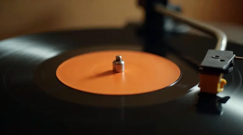 Disque vinyle à étiquette orange qui tourne sur une platine, la tête de lecture posée sur le sillon
