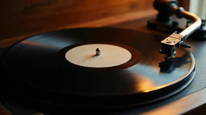 Disque noir sur la platine d'un tourne-disque en bois, le bras de lecture posé dans le sillon
