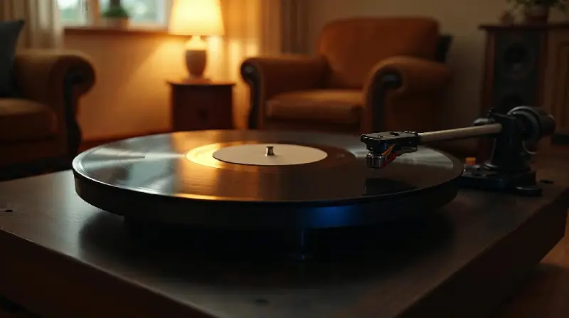 Disque vinyle sur une platine, dans un salon aux fauteuils de cuir éclairé par une lampe