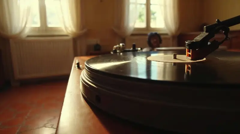 Disque vinyle sur une platine, dans un salon ensoleillé au sol de terre cuite et aux voilages blancs