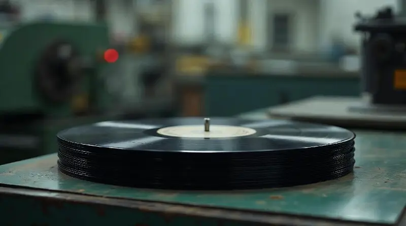 Pile de disques vinyles tout juste pressés sur un établi, une presse floue en arrière-plan