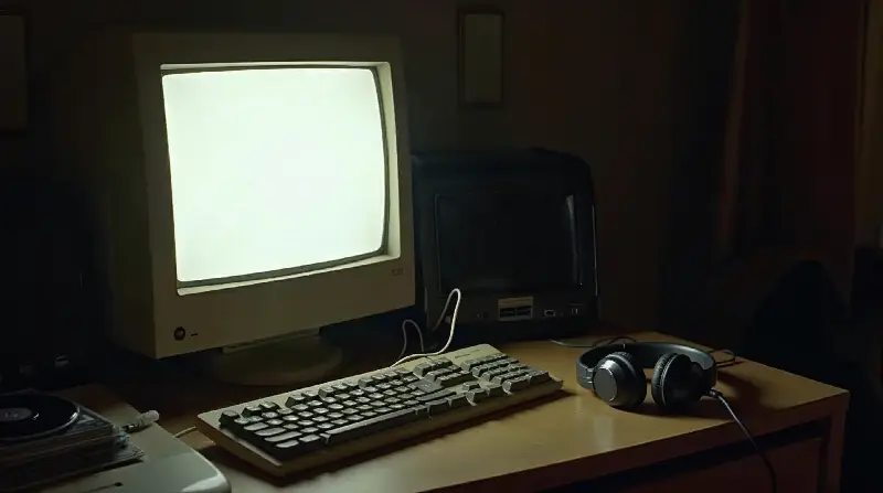 Écran cathodique allumé dans une chambre la nuit, avec un casque filaire et une pile de CD vierges à côté du clavier