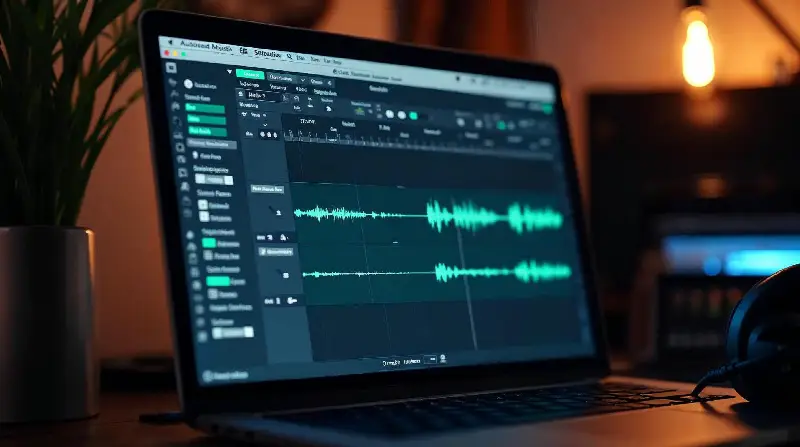 Ordinateur portable affichant un logiciel audio avec deux pistes superposées, un casque posé à côté