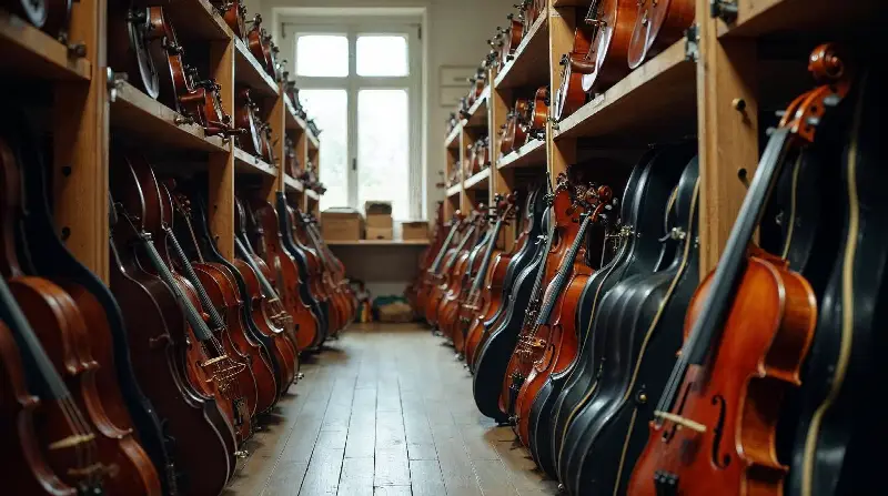 Violons, violoncelles et contrebasses alignés sur des étagères en bois dans une réserve d'instruments