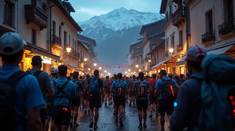 Foule de coureurs de trail vus de dos, sacs à dos éclairés, dans une rue de village alpin au crépuscule, montagne enneigée au fond