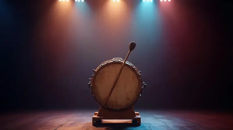 Grand tambour traditionnel en bois posé seul sur une scène de concert sombre, sous des projecteurs colorés