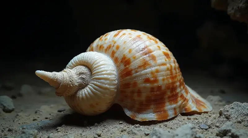 Grande coquille marine en spirale, tachetée de crème et d'orange, posée sur le sol sombre d'une grotte