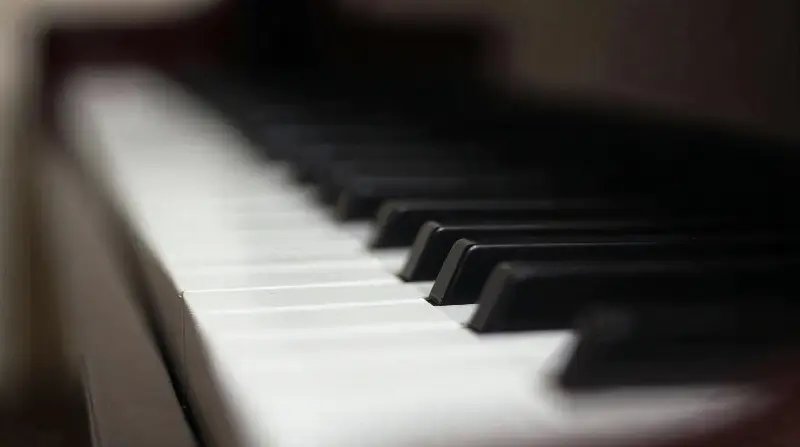 Gros plan rasant sur les touches blanches et noires d’un piano, l’arrière-plan dans le flou