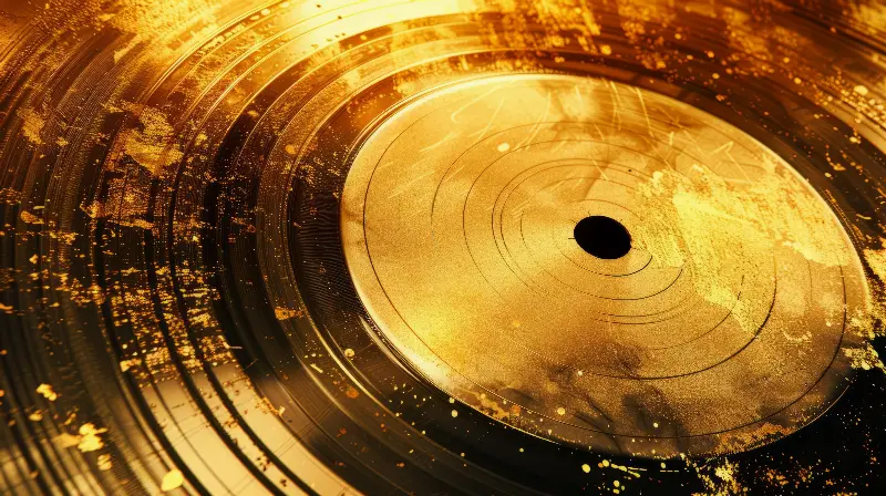 Gros plan sur un disque doré aux sillons scintillants, parsemé de paillettes d’or
