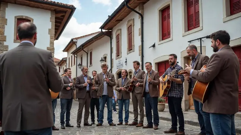 Groupe de musiciens avec guitares et flûte dans une rue pavée de village, maisons blanches aux volets rouges