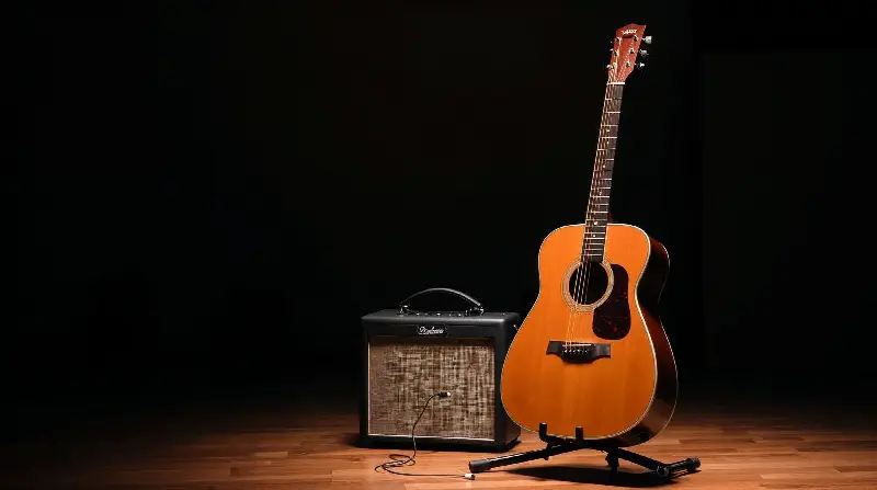 Guitare folk posée sur un stand tout près d'un petit ampli, sur un plancher de scène