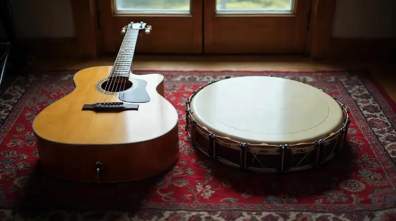 Guitare acoustique et tambour sur cadre posés côte à côte sur un tapis persan rouge