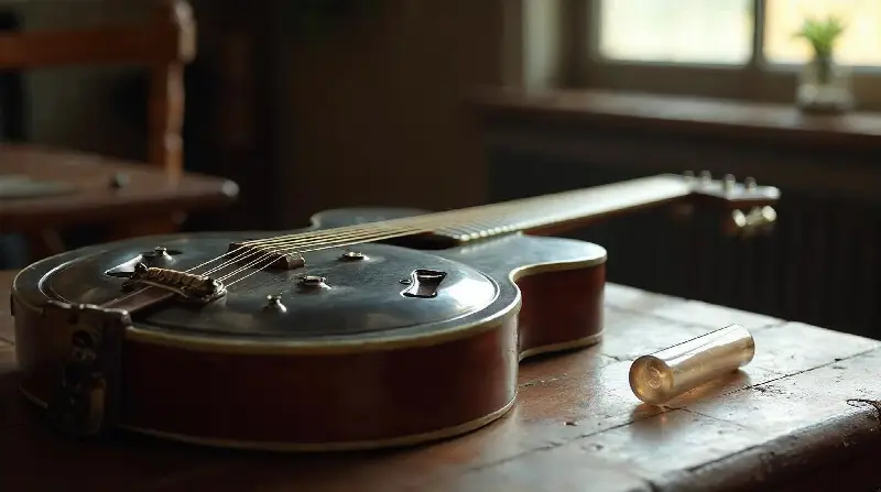 Guitare ancienne à table métallique posée sur une table en bois, un slide en verre couché à côté