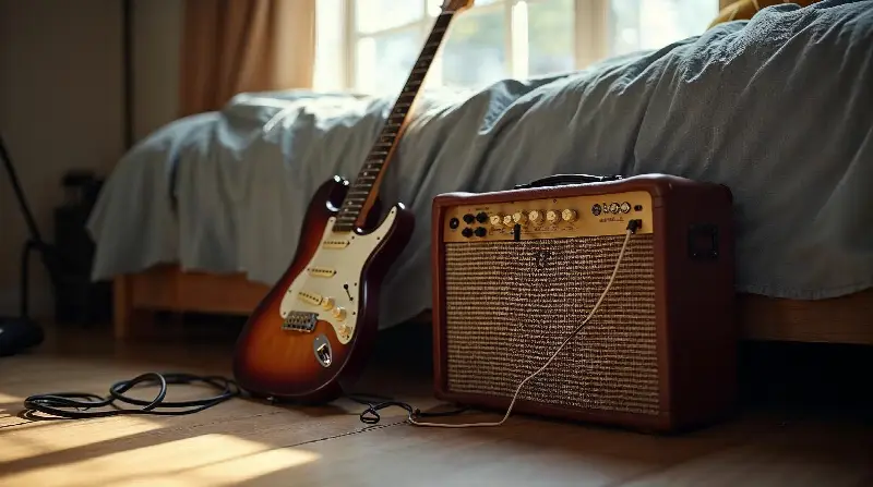 Guitare électrique appuyée contre un lit, à côté d'un petit combo pour guitare au câble branché