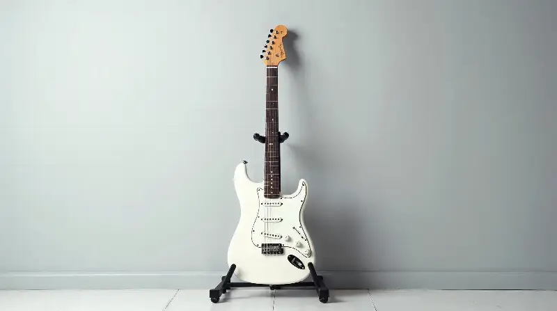 Guitare électrique blanche à six cordes et trois micros, debout sur un support noir