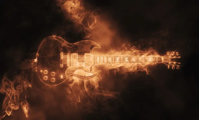 Guitare électrique dessinée en lumière orangée au milieu de volutes de fumée, sur fond noir