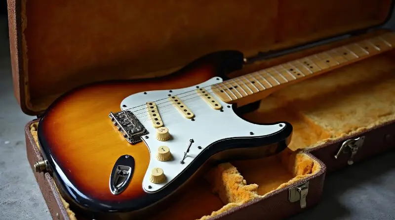 Guitare électrique sunburst des années 1960, manche en érable et trois micros, couchée dans un vieil étui rigide ouvert