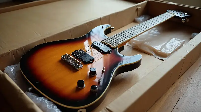 Guitare électrique sunburst d'occasion posée dans un carton d'expédition ouvert, sur un parquet