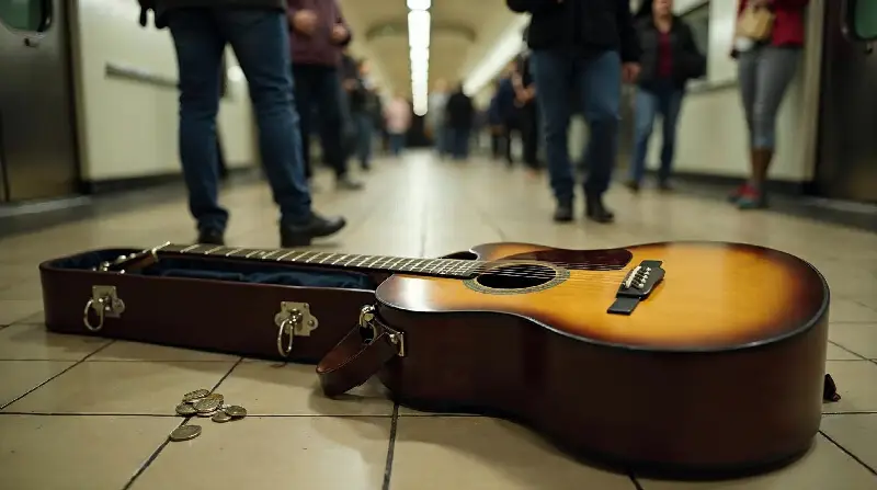 Guitare posée sur son étui ouvert dans un couloir de métro, quelques pièces au sol, voyageurs qui passent sans s'arrêter