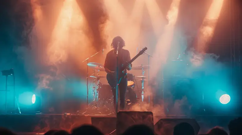 Guitariste chanteur en silhouette dans la fumée et les projecteurs d’une scène rock, vu depuis le public