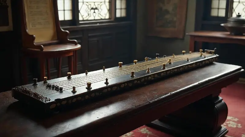 Guqin ancien en bois laqué noir, à sept cordes, posé sur une table basse dans un cabinet de lettré