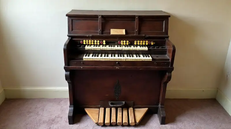 Harmonium ancien en bois sombre contre un mur, claviers aux touches jaunies, registres et pédales en bois