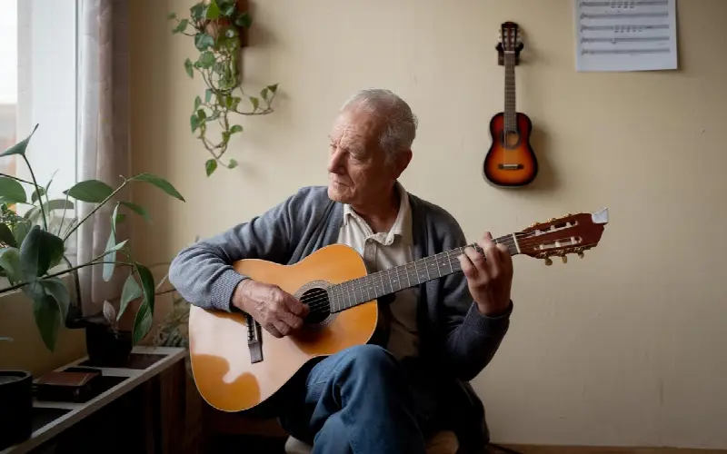 Homme âgé aux cheveux blancs jouant d'une guitare classique, assis près d'une fenêtre et de plantes vertes