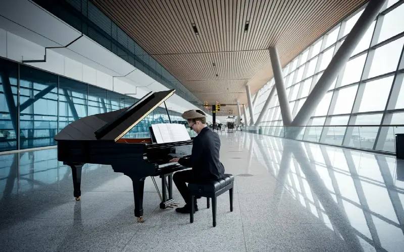 Homme au béret jouant d’un piano à queue noir dans le hall vitré et désert d’un terminal d’aéroport