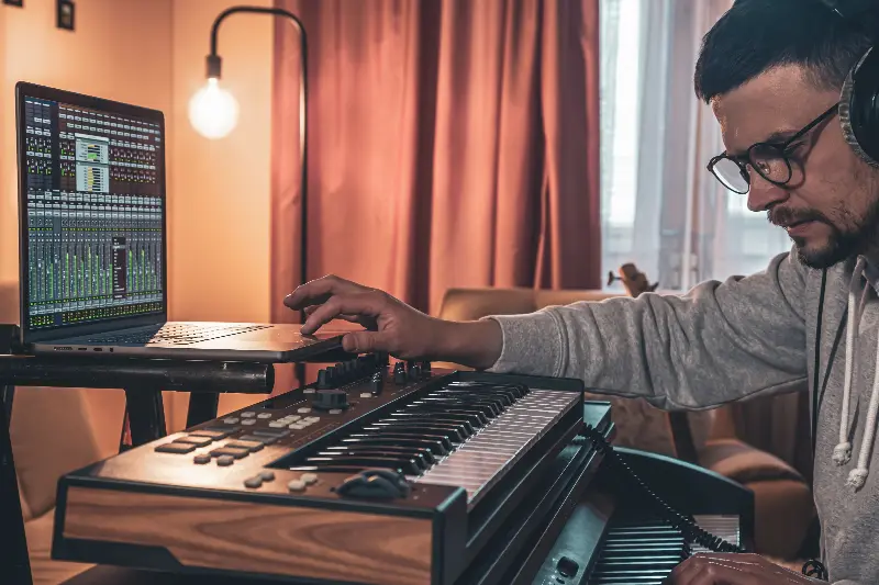 Homme au casque jouant sur un clavier MIDI devant un ordinateur portable ouvert sur une table de mixage logicielle