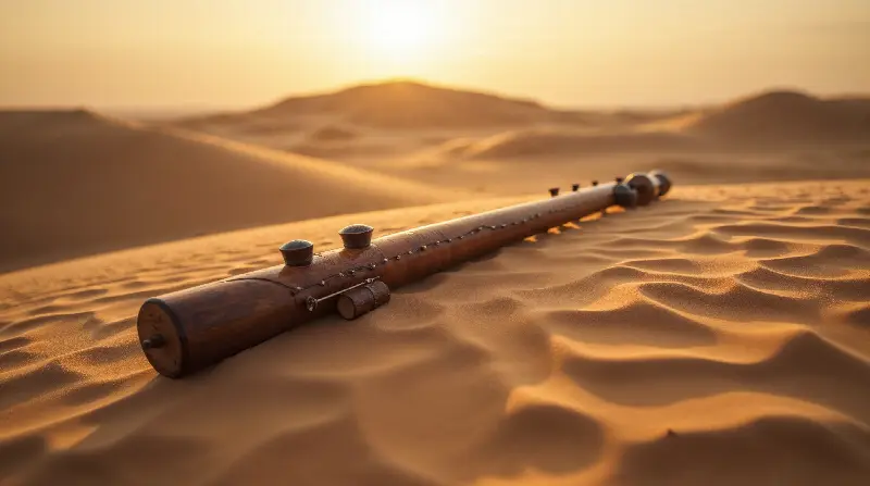 Instrument à vent en bois posé sur le sable ondulé d’une dune au soleil couchant