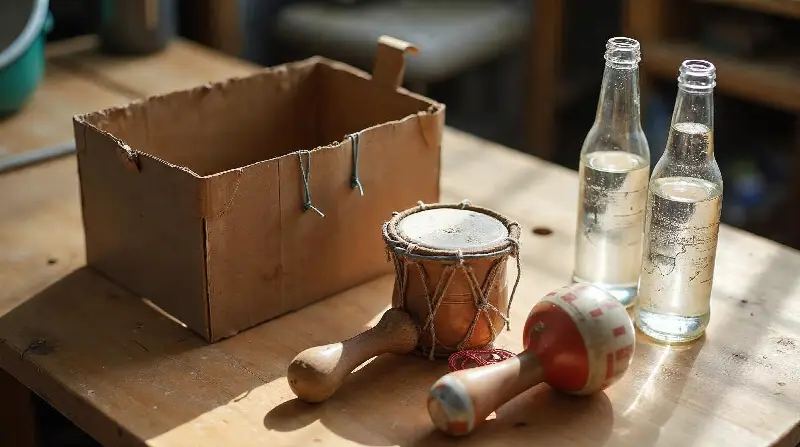 Instruments faits maison sur un établi : boîte en carton, petit tambour cordé, maracas et bouteilles d'eau