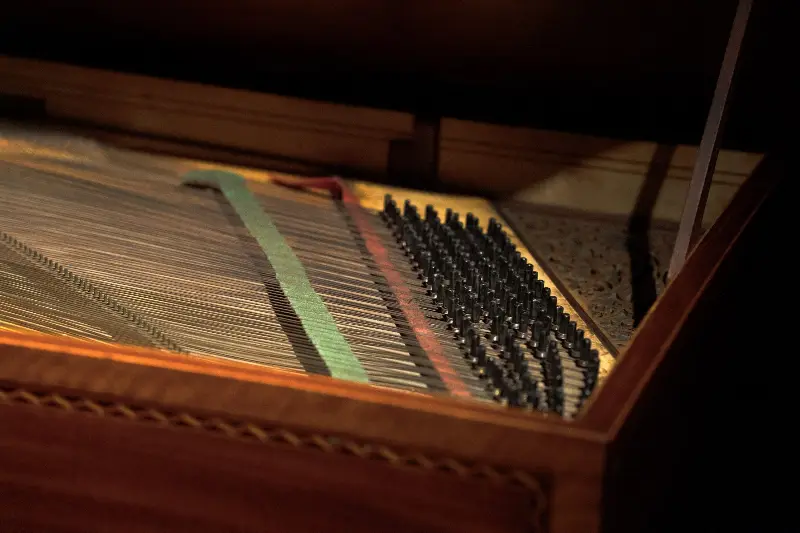 Intérieur d'un clavier ancien ouvert : cordes tendues et rangées de chevilles d'accord dans une caisse en bois