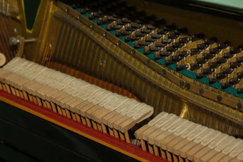 Intérieur d'un piano droit ouvert : rangée de marteaux de feutre, cordes et chevilles d'accord