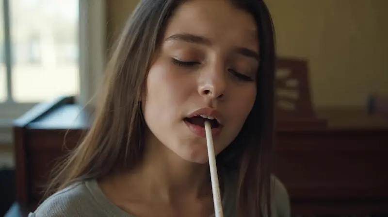 Jeune femme les yeux fermés, une paille aux lèvres, qui s'échauffe la voix devant un piano droit