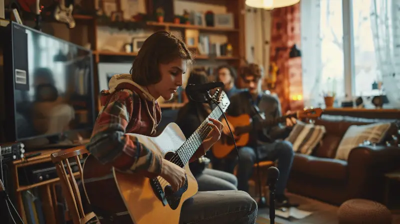 Jeune guitariste assise sur une chaise, jouant d'une guitare folk dans un salon, deux musiciens flous derrière elle