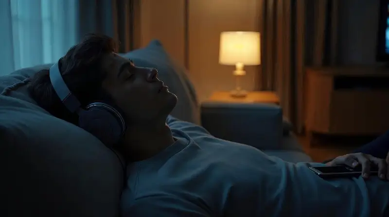 Jeune homme allongé sur un canapé le soir, un casque sur les oreilles, les yeux clos, une lampe allumée derrière lui