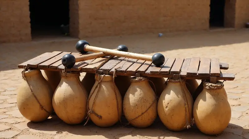 Balafon posé dans une cour en terre, lames de bois au-dessus de calebasses liées par des cordes, deux baguettes posées dessus